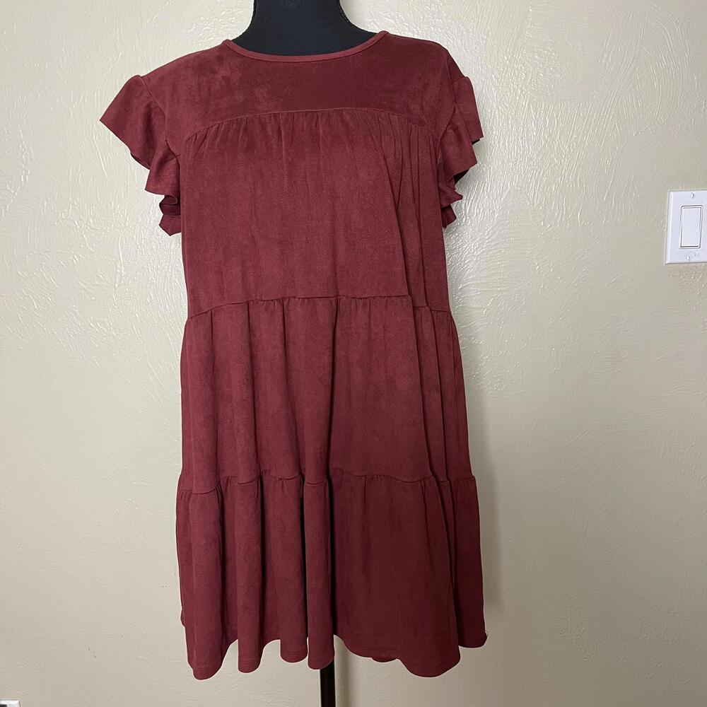 Tiered Ruffle Sleeve Dress - Burgundy / Wine / Maroon